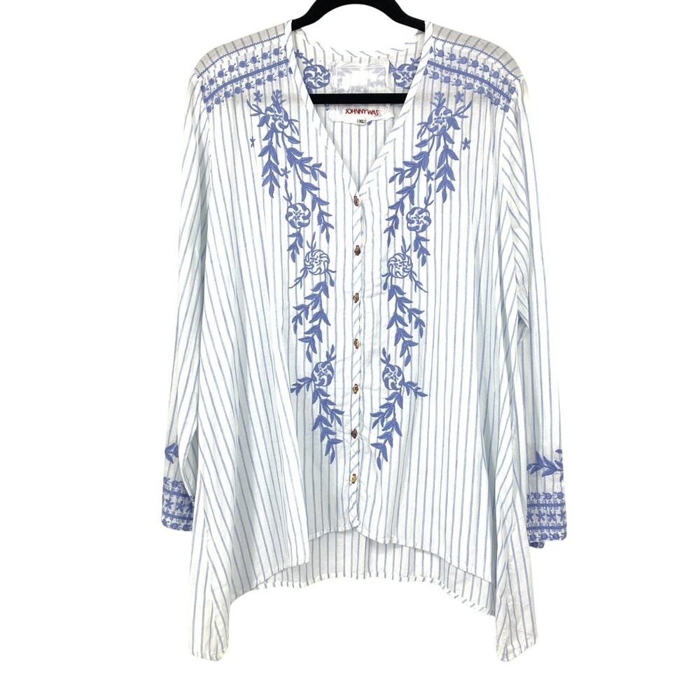 Johnny Was 3J Workshop Womens XL Blue White Stripe Embroidered High Low Shirt